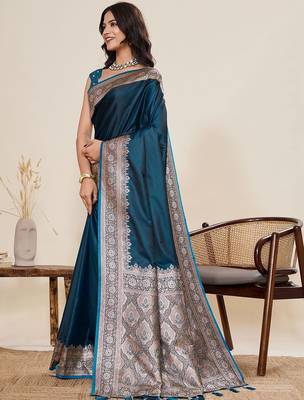 Teal silk blend woven design saree with blouse 3