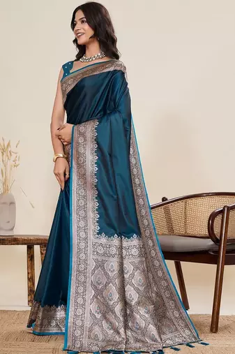 Teal silk blend woven design saree with blouse