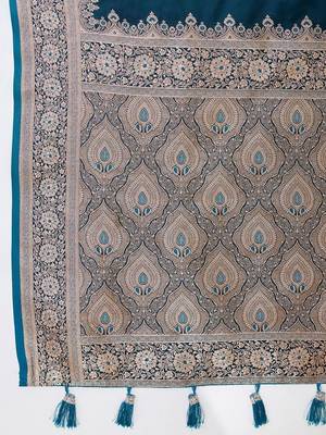 Teal silk blend woven design saree with blouse 4