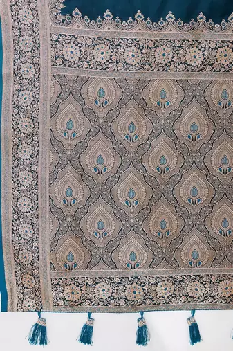 Teal silk blend woven design saree with blouse