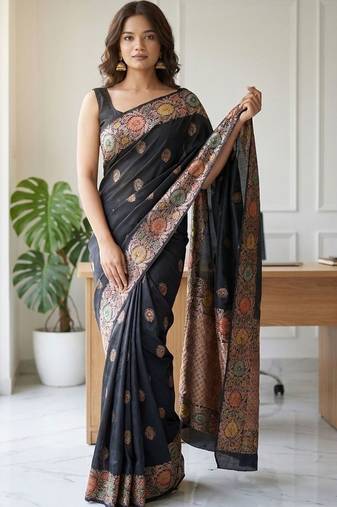 Black silk blend woven design saree with blouse