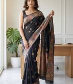 Black silk blend woven design saree with blouse