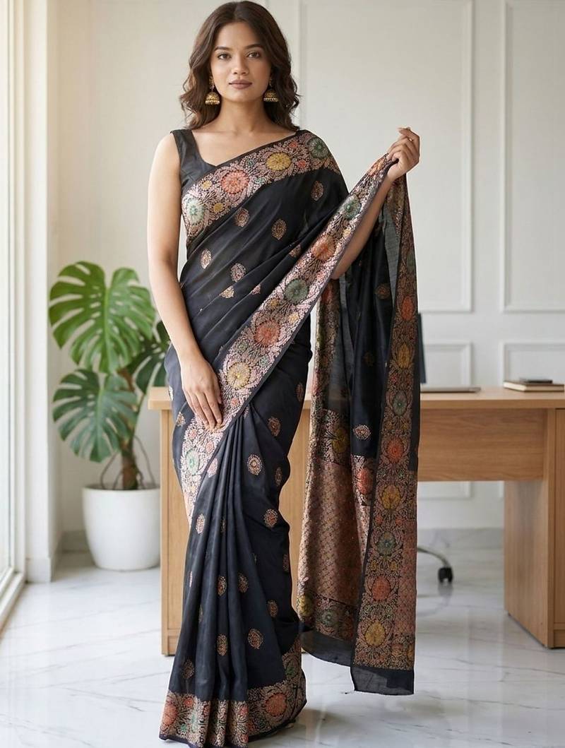 Black silk blend woven design saree with blouse