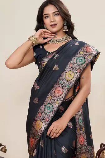 Black silk blend woven design saree with blouse