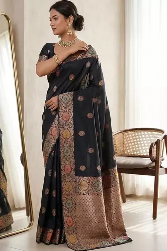 Black silk blend woven design saree with blouse