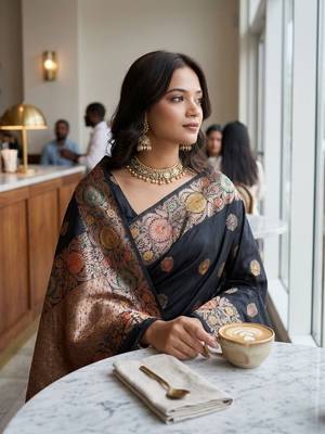 Black silk blend woven design saree with blouse 5