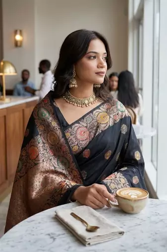 Black silk blend woven design saree with blouse