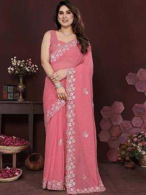 Pink pure georgette embroidered saree with blouse 1