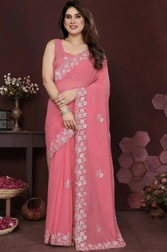 Pink pure georgette embroidered saree with blouse