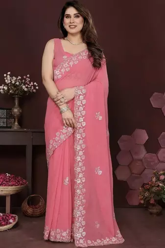 Pink pure georgette embroidered saree with blouse