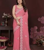 Pink pure georgette embroidered saree with blouse