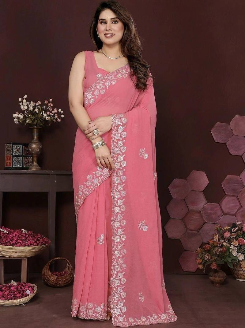 Pink pure georgette embroidered saree with blouse