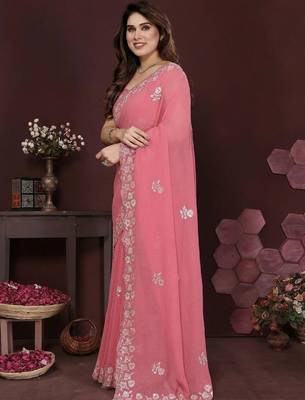 Pink pure georgette embroidered saree with blouse 2