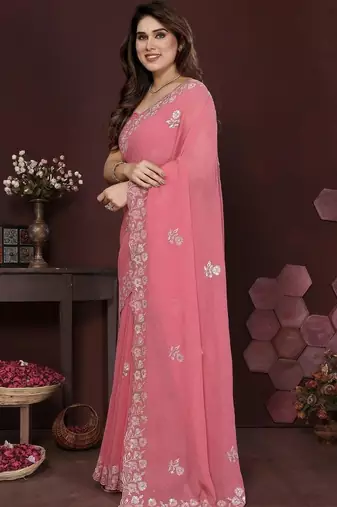 Pink pure georgette embroidered saree with blouse