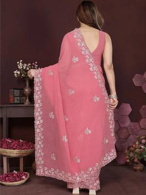 Pink pure georgette embroidered saree with blouse 3