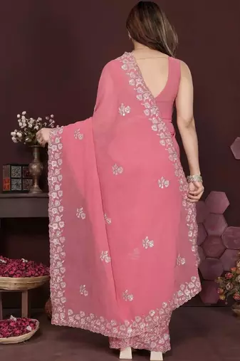 Pink pure georgette embroidered saree with blouse