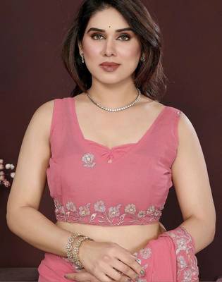 Pink pure georgette embroidered saree with blouse 5