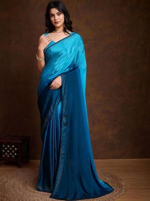 Blue satin dyed saree with blouse 1