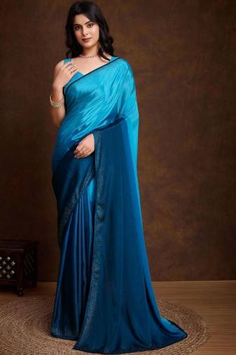Blue satin dyed saree with blouse