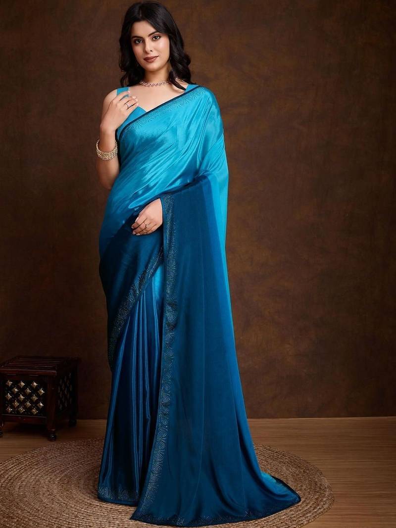 Blue satin dyed saree with blouse