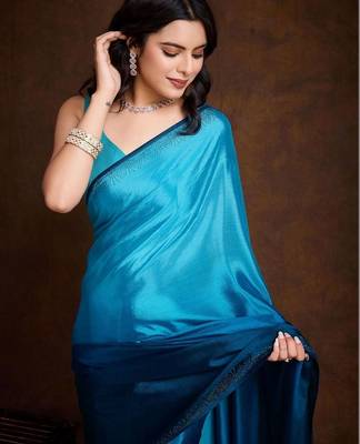 Blue satin dyed saree with blouse 2