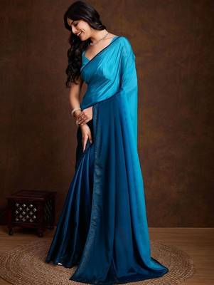 Blue satin dyed saree with blouse 3