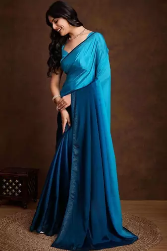 Blue satin dyed saree with blouse