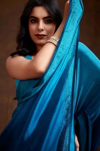 Blue satin dyed saree with blouse