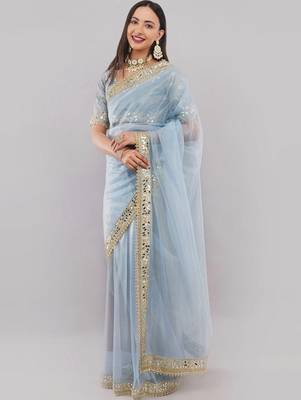 Blue net embellished saree with blouse 1