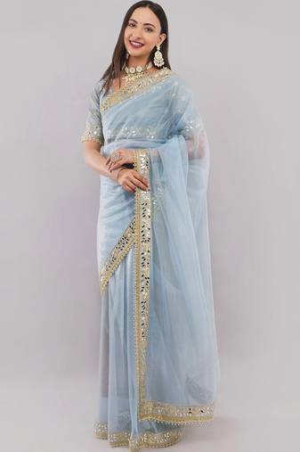 Blue net embellished saree with blouse
