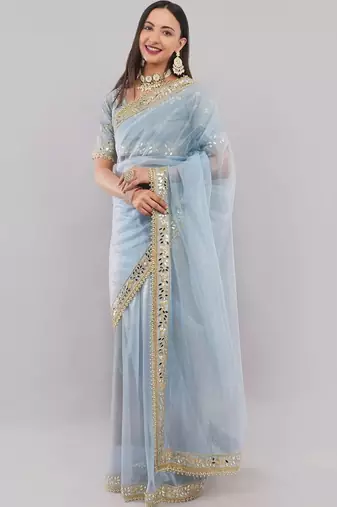 Blue net embellished saree with blouse