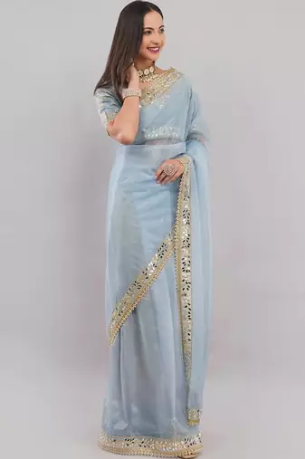 Blue net embellished saree with blouse