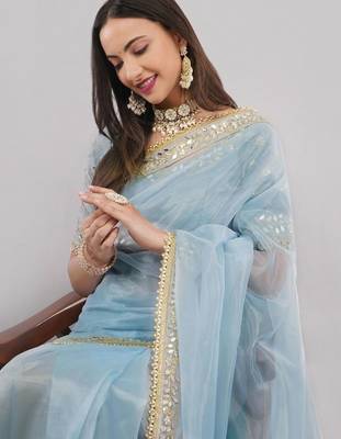 Blue net embellished saree with blouse 4