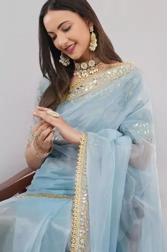 Blue net embellished saree with blouse
