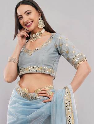 Blue net embellished saree with blouse 5