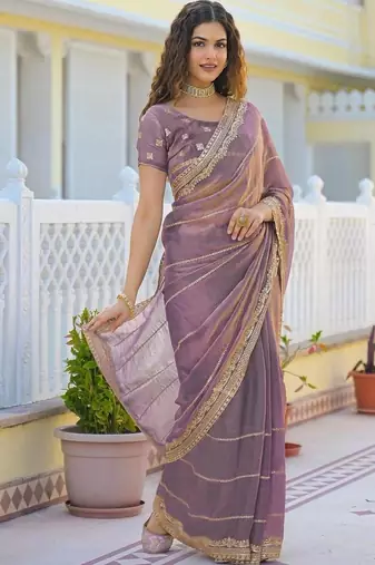 Lavender pure chiffon embroidered saree with blouse
