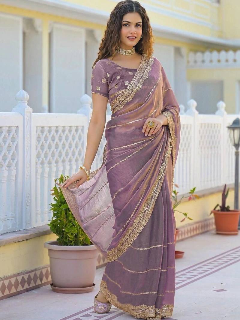 Lavender pure chiffon embroidered saree with blouse