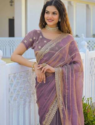 Lavender pure chiffon embroidered saree with blouse 2