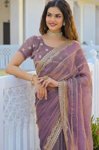 Lavender pure chiffon embroidered saree with blouse
