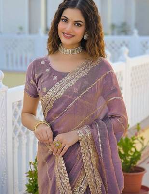 Lavender pure chiffon embroidered saree with blouse 3