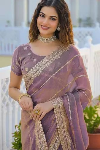 Lavender pure chiffon embroidered saree with blouse
