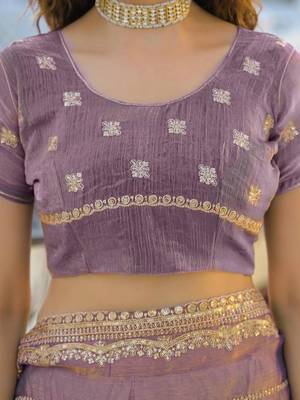 Lavender pure chiffon embroidered saree with blouse 4