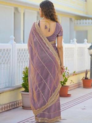 Lavender pure chiffon embroidered saree with blouse 5