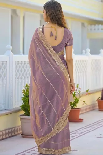 Lavender pure chiffon embroidered saree with blouse