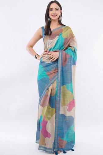 Multicolor silk blend printed saree with blouse