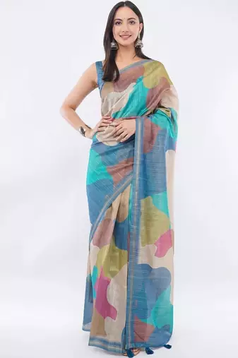 Multicolor silk blend printed saree with blouse