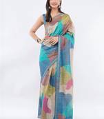 Multicolor silk blend printed saree with blouse