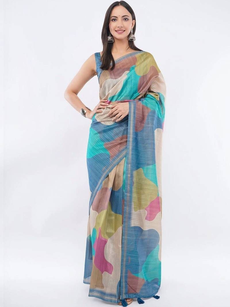 Multicolor silk blend printed saree with blouse