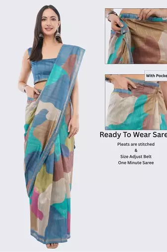 Multicolor silk blend printed saree with blouse
