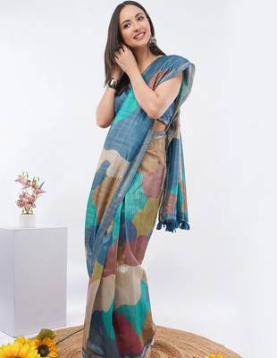Multicolor silk blend printed saree with blouse 3